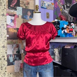 Y2K Rampage Red Satin Puff Sleeve Blouse